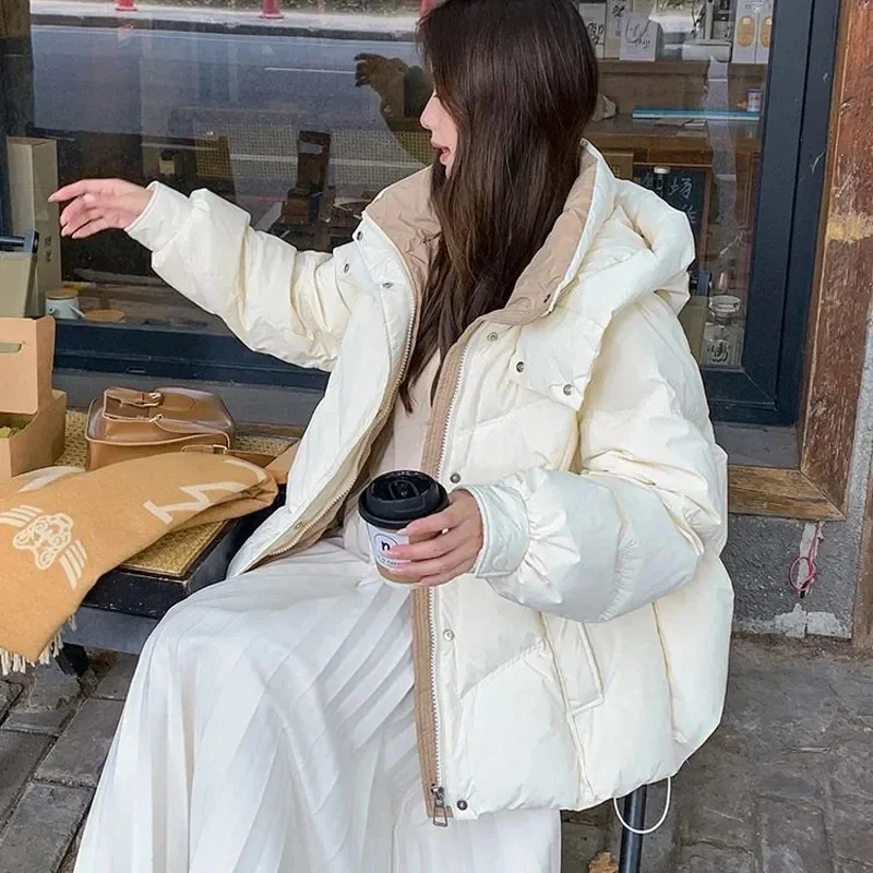 Fashion Winter Stand Up Collar Down Cotton Women's Casual Hooded Windproof Quilted Pad Warm Thick Down Cotton Jacket Coat Women