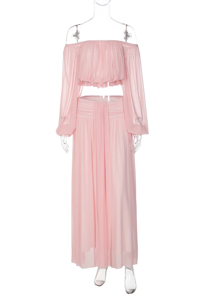 JULISSA MO Sexy Off Shoulder Sheer Mesh Women 2 Piece Sets Long Sleeve Tops Long Skirt Female Autumn Slim Casual Skirt Suit 2026