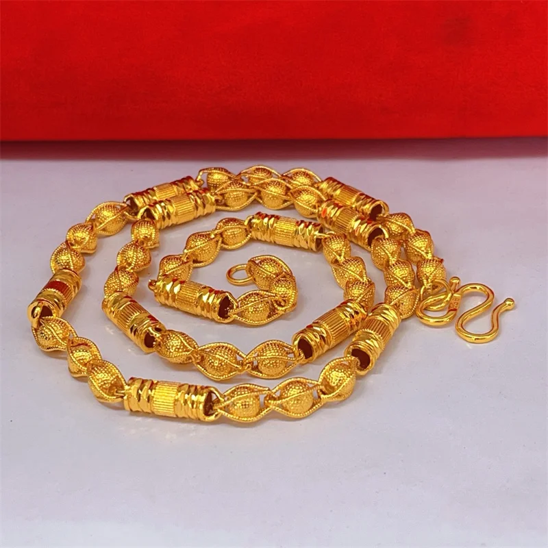 

Luxury 24K Au999 Gold Color Men's Bamboo Bead Necklace, Ball Bead Chain, Bold Stylish Jewelry Gift