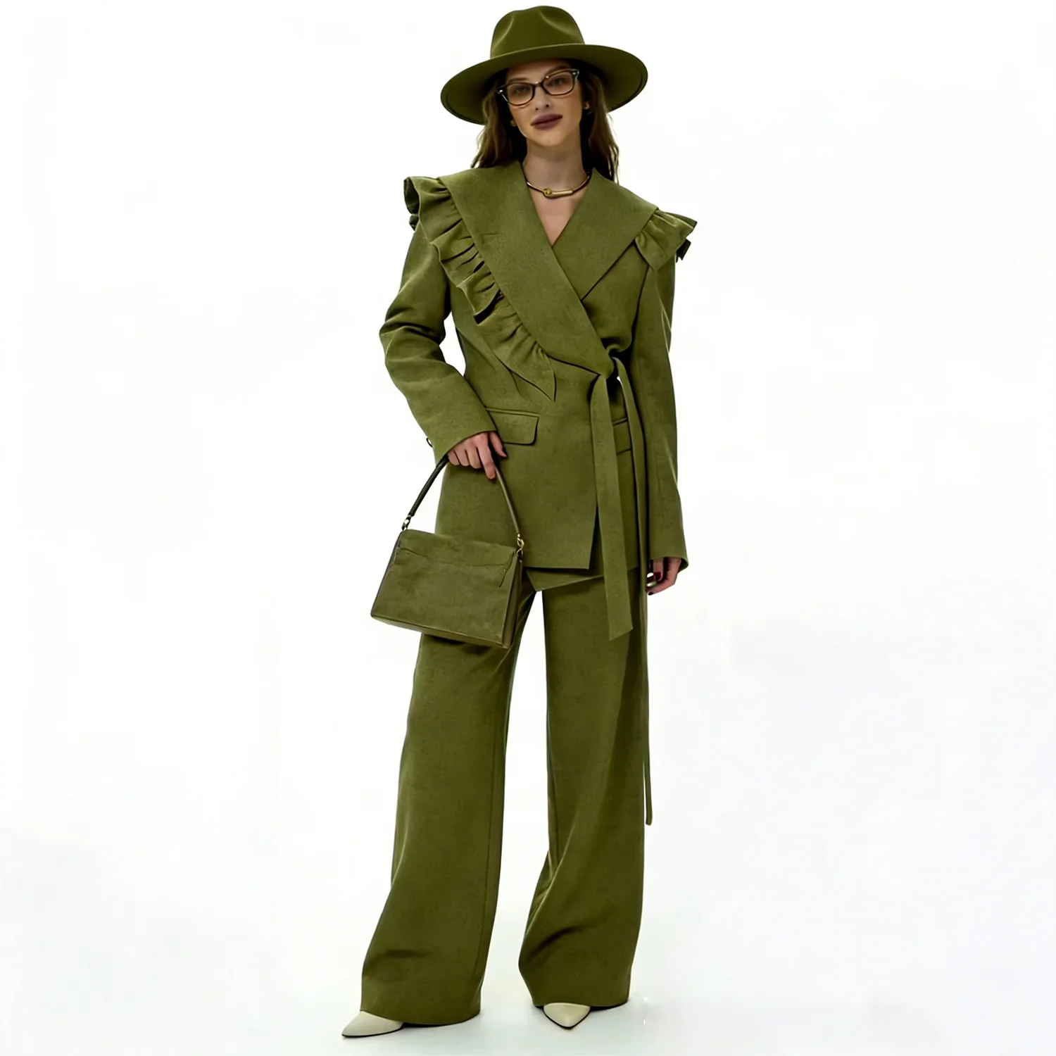 LIMO 2026 Green Pantsuit, ruffled lapel wrap blazer with belt, high-waisted wide-leg trousers. for office, events & daily wear