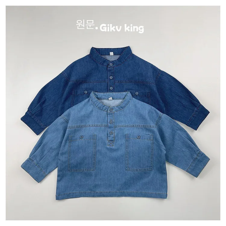 Stylish Kids Long Sleeve Denim Shirts Stand Collar Big Pocket Boys Girls Washed Casual Denim Blouse Children Daily Wear Tops