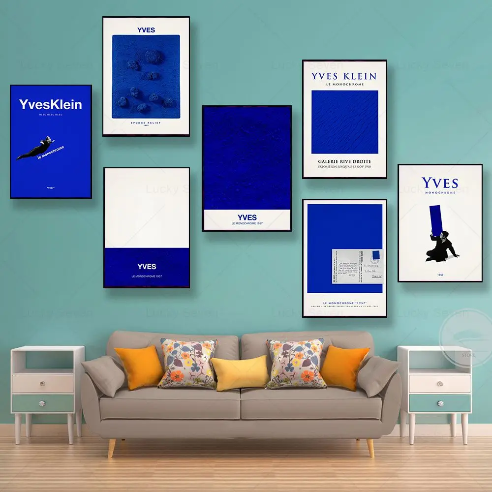 (2D canvas painting)  Yves Klein Exhibition Poster Pop Blue Color Lump Abstract Art Prints Canvas Painting Minimalist Wall St