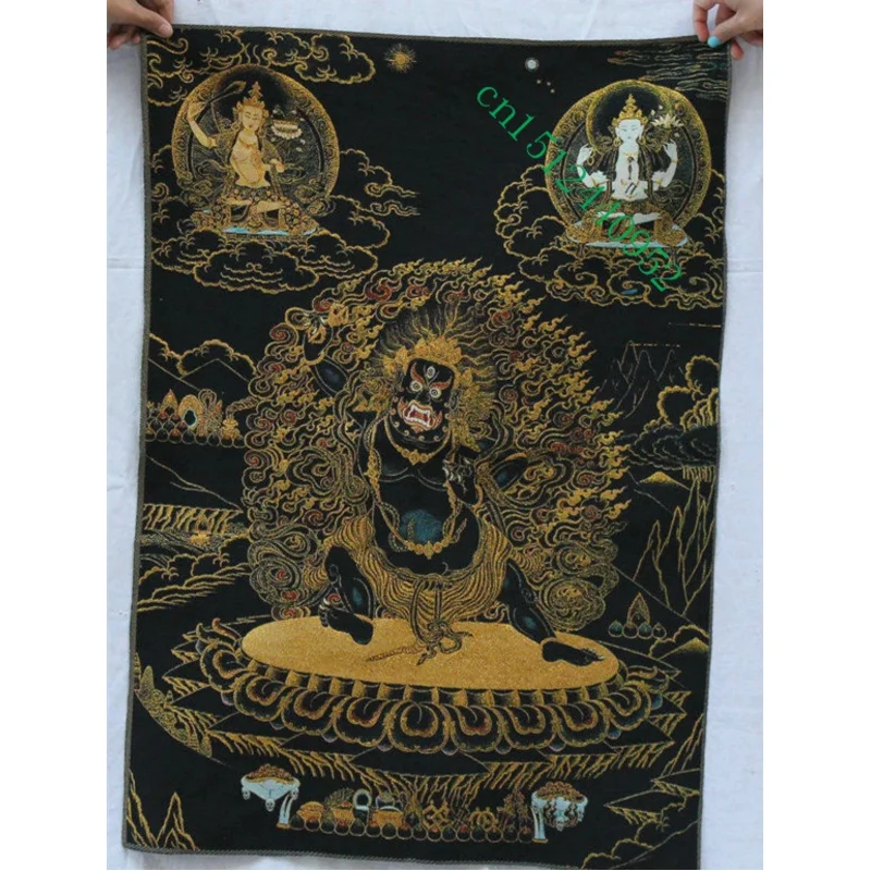 36 inch Tibet Buddhism Silk embroidery Mahakala Wrathful Deity Thangka Painting Mural