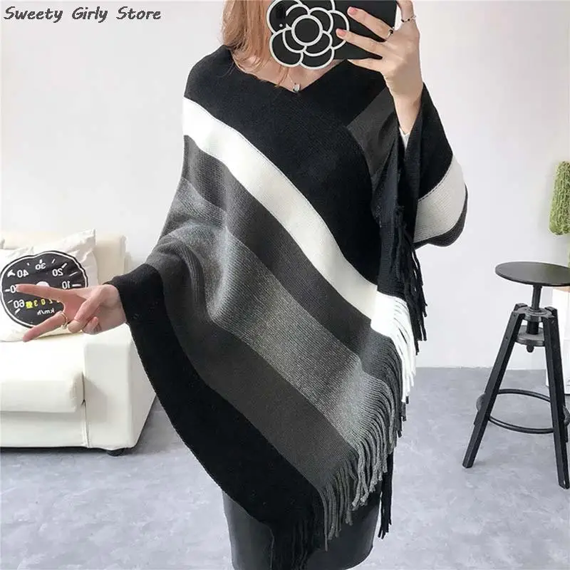 Striped Tassel Knit Poncho Women Winter Autumn Fashion Capes Patchwork Scarves Shawls Coat Warm Blanket Shawl Cardigans Sweater