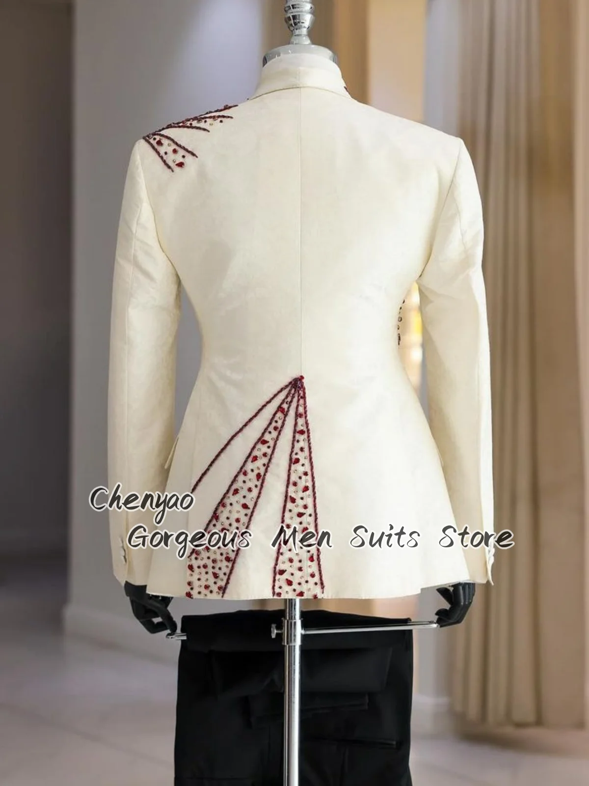 Elegant Jacquard Beaded Rhinestone Men Suits Customized Groom Wedding Party Tuxedos Slim Male Prom Blazers 3Pcs Sets ropa hombre