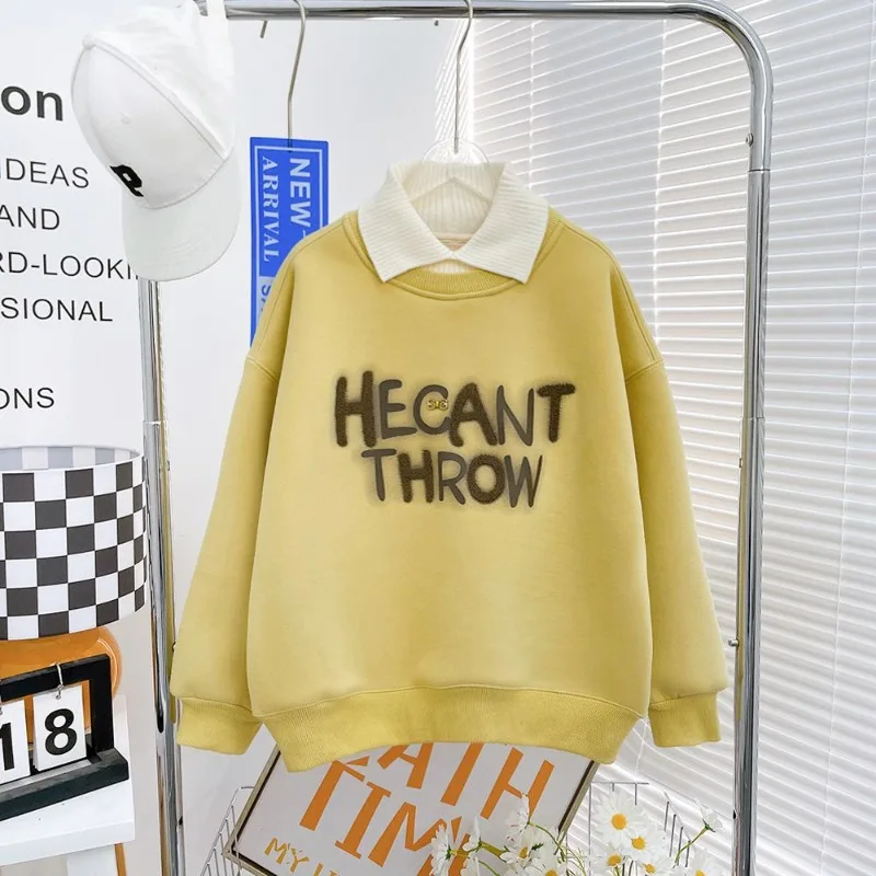 

Tween Girls' 2025 New Thickened Winter Warm Lamb Fleece Crewneck Sweatshirt Fleece-Lined Top