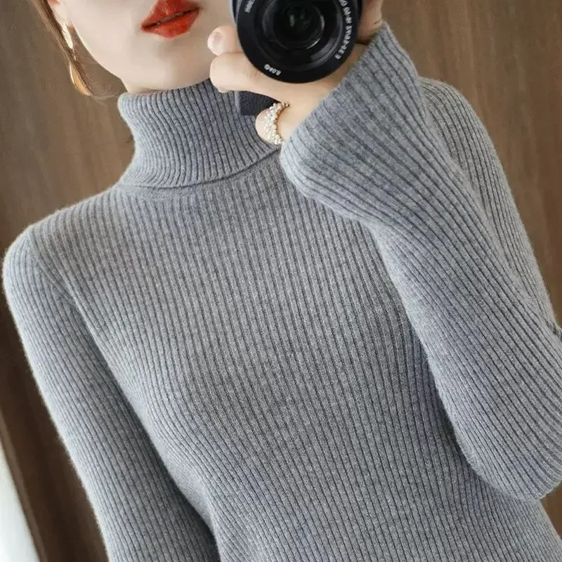 Knit Tops for Woman Turtleneck Women\'s Sweater Black Gigh Neck Jerseys Pullover White Clothes Cold Winter in Promotion Clothing