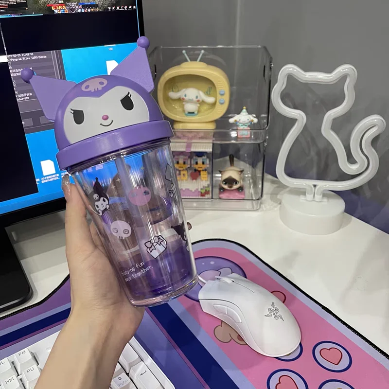 

320ml Summer Sanrios Melody Kawaii Kuromi Cinnamoroll Straw Water Cup Anime Plastic Portable Antiscalding Transparante Kettle Cu