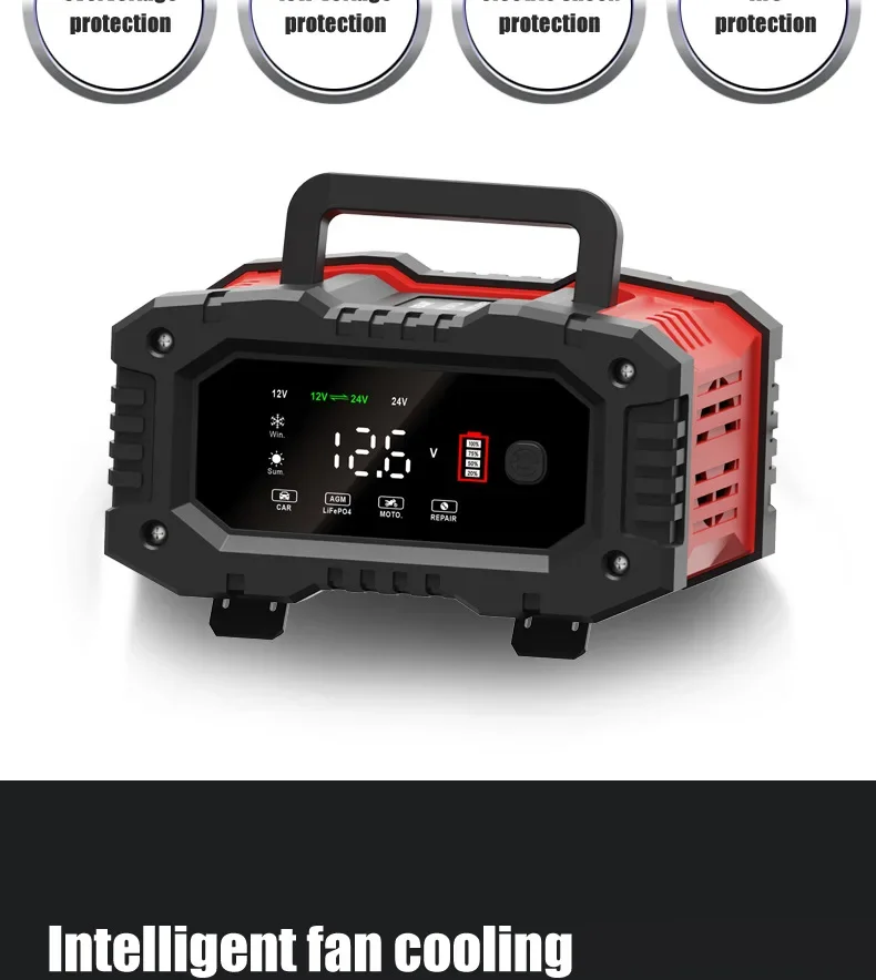 Tragbares 10A/20A-Ladegerät für Start-Stop-Batterien, Autoreparatur und Schnellladung für 12 V/24 V AGM LiFePO4-Auto, LKW, Motorrad – Detail 19
