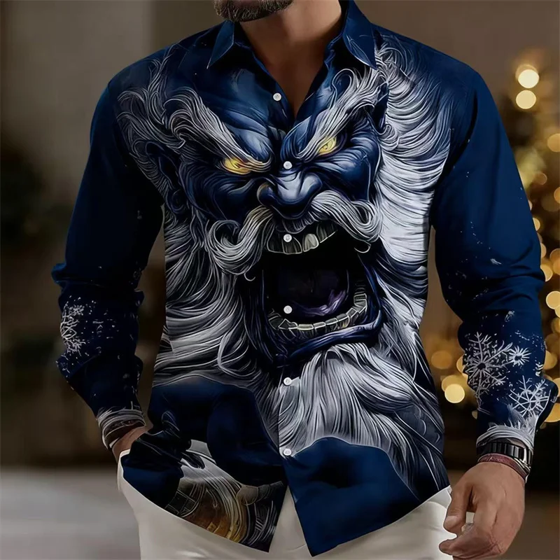 2025 Men's Happy New Year Santa Claus Casual Men's Button up Shirt Long Sleeve Evening Party Daily Autumn/Winter Spring/Summer C
