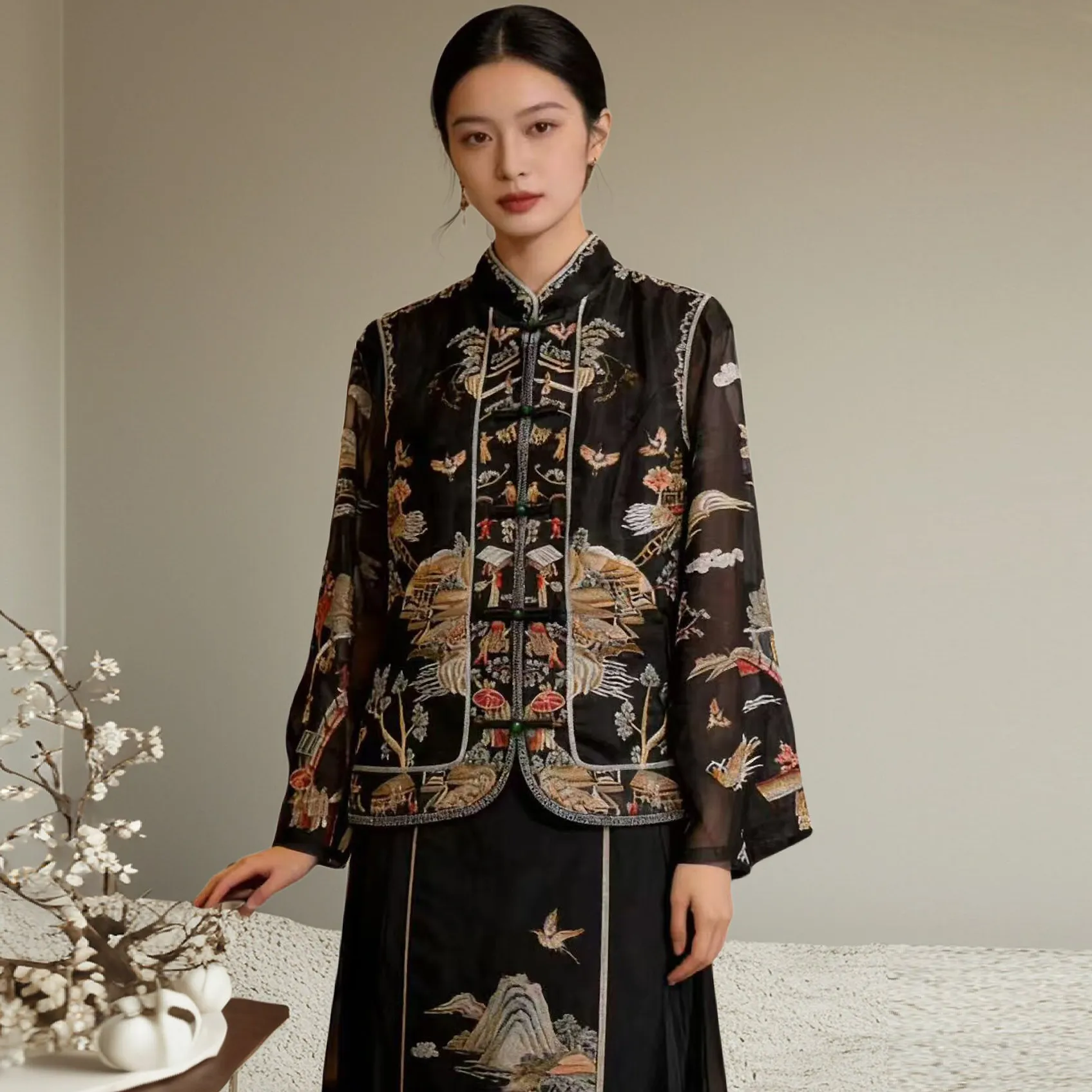 High Quality Summer New Stand Collar Vintage Style Single-Breasted Silk Organza Fabric Palace Embroidery Women's Jacket M-3XL