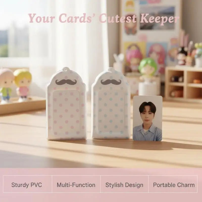 @*Polka Dot Mustache Print Card Holder Lightweight PVC 3 Inch Kpop Photocard Meal Card Pouch for Short Travel