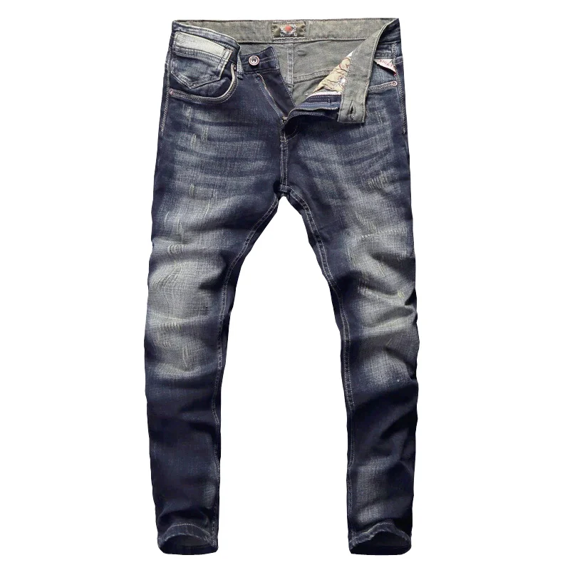 Italian Style Fashion Men Jeans Retro Black Blue Stretch Slim Fit Ripped Jeans Men Vintage Designer Casual Denim Pants Hombre