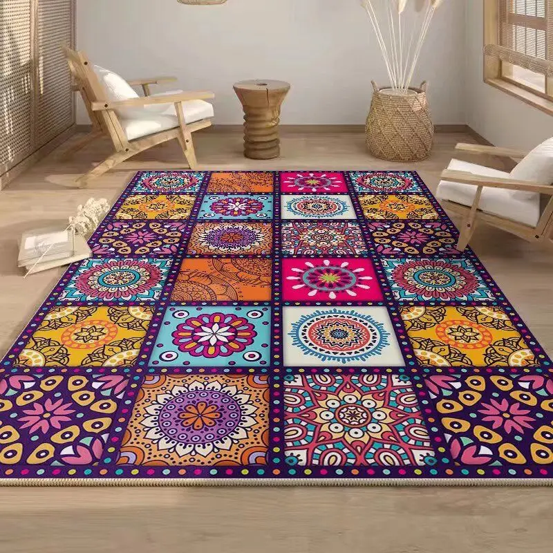 VIKAMA Moroccan Bohemian Patchwork Rug, Large Non-Slip Living Room Rug with Mandala Floral Checkered Pattern, Home Decor
