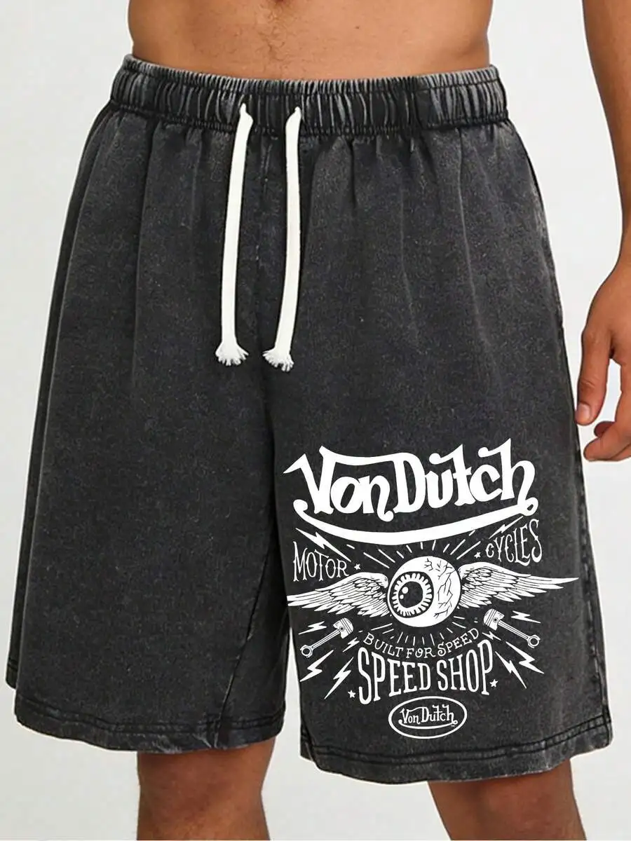 

Mens Washed Cotton Shorts With Graphic Print Casual Loose Fit Drawstring Waist Streetwear Summer Shorts