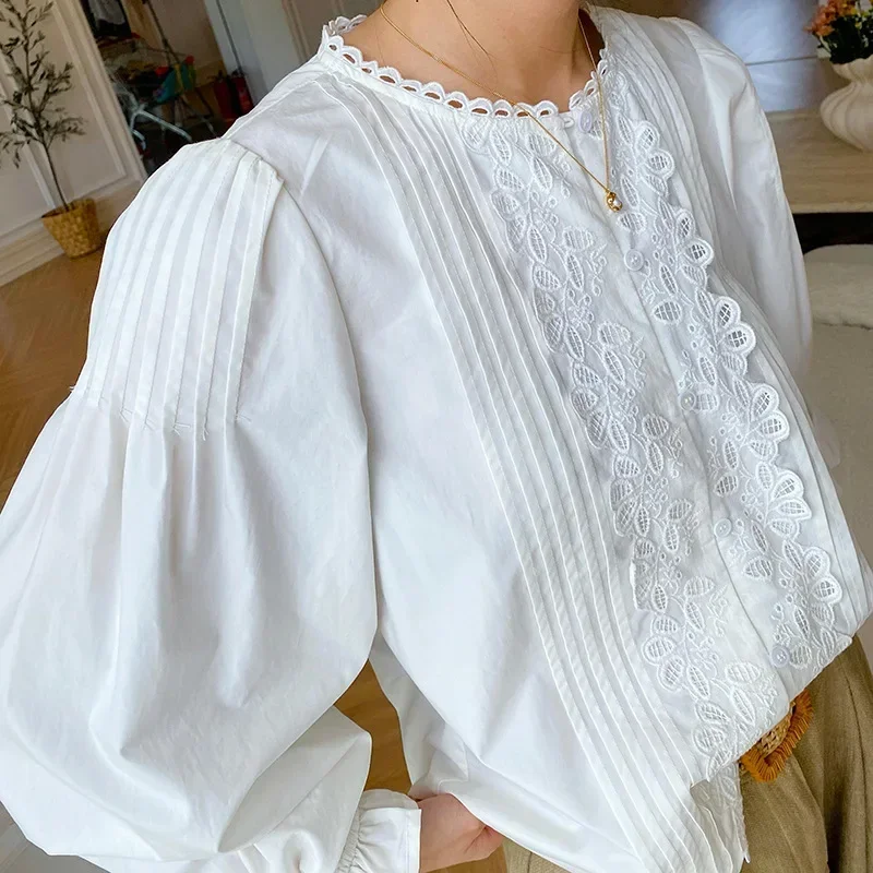 WildPinky 2025 Spring White Lace Front Blouse Lantern Sleeve Hollow Out Embroidered Flowers Shirt French Style Women Clothing