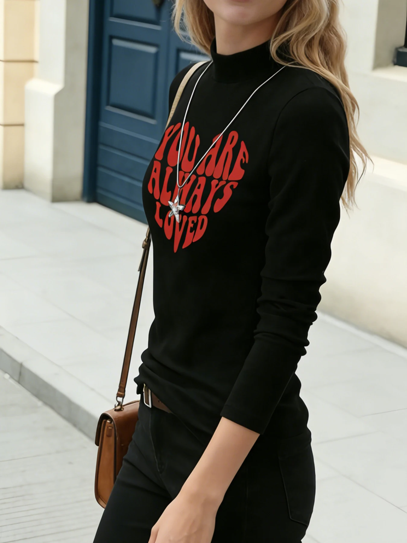 Dames tops met opstaande hals en lange mouwen "Je bent altijd geliefd" Hartprint Casual blouse Mode Dagelijks T-shirt Zachte top Lente Herfst