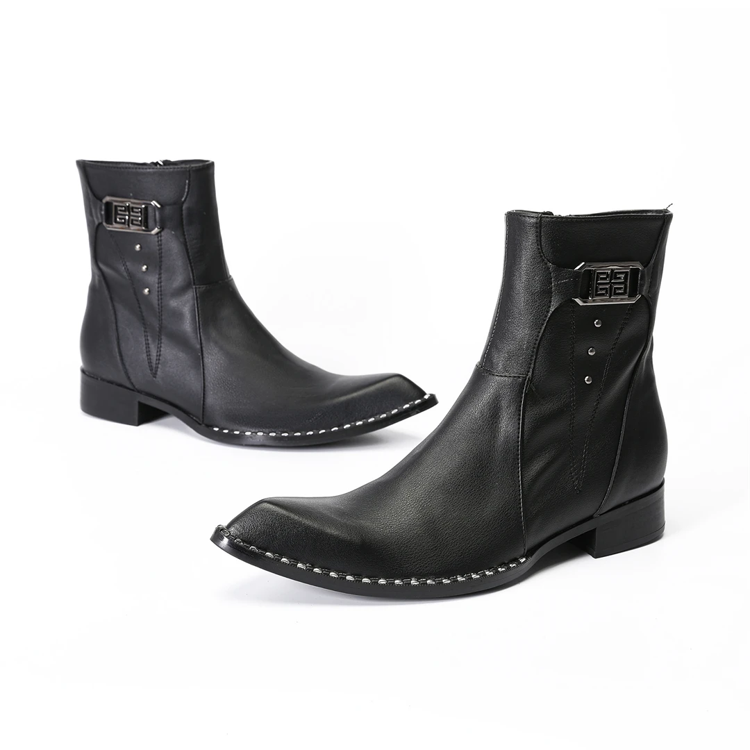 fashion black pointed toe men genuine leather ankle boots man zipper motorcycle short boots male formal business dress shoes view 2