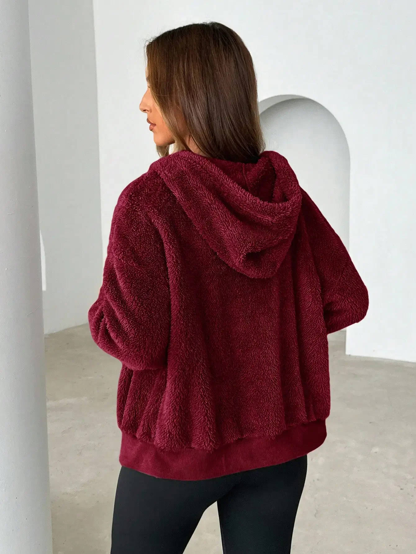 Cozy FuzzyFleece ZipUpHoodieAthleisureLoungewearChillAesthetic Long Sleeves Thick Sherpa Outerwear Solid Deep Burgundy Maroon Wine Red Adjustable Drawstring Hood Ribbed Cuffs And Hem Plush Texture Warm Fit For Winter Chilly Morning Walks Valentine Present