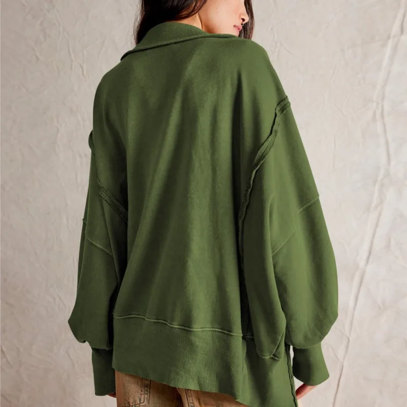 Frau Herbst Einfarbig Sweatshirt Mode Flip Kragen Lange Ärmel Der Saum Ist Unregelmäßige Hoodie Damen Elegante Taste Tops