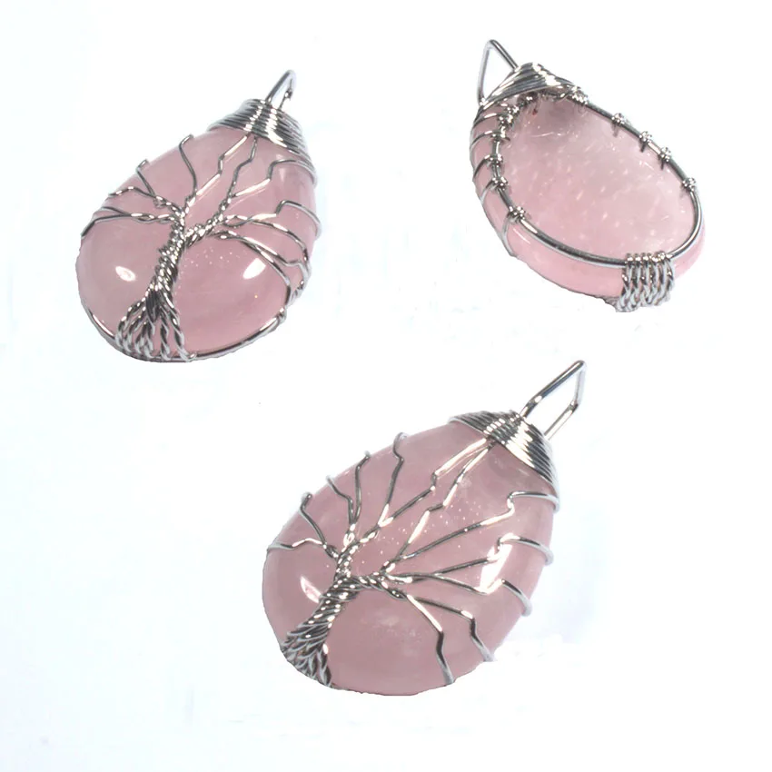 Wire Wrapped Tree of Life Water Drop Natural Purple Amethyst Rose Quartz Healing Crystal Agate Stone Pendant Jewelry For Women
