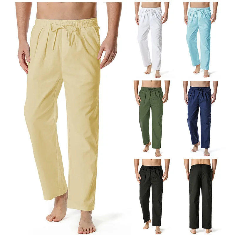 New Men's Linen Cotton Loose and Casual Lightweight Elastic Waist Pants for Foreign Trade, Yoga Pants, Home Pants