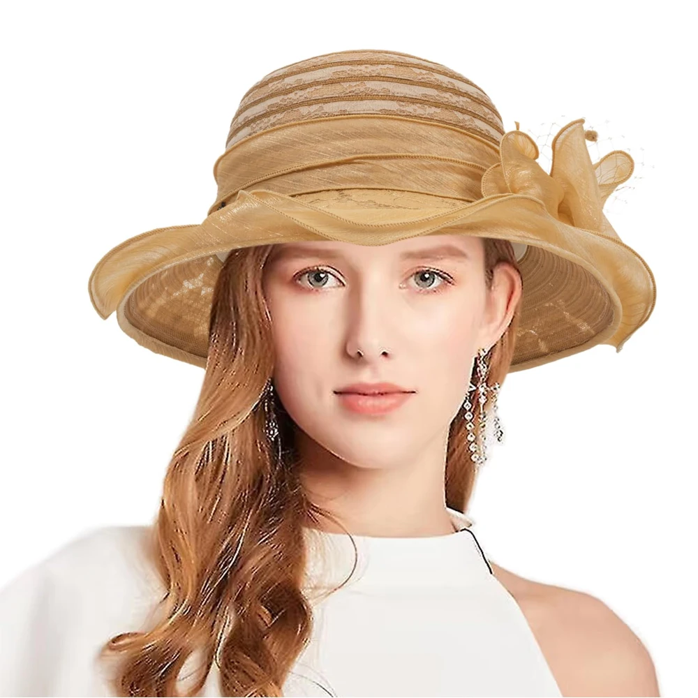 2024Ladies Fascinator Millinery Church Hat Elegant Bow Wide Brim Bucket Hats Kentucky Derby Fedora Women Summer Foldable Sun Cap