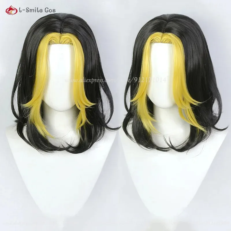 

Парик аниме Hanemiya Kazutora 2025 года, черный, золотой, средняя часть, длинные термостойкие синтетические волосы с наклейками для косплея