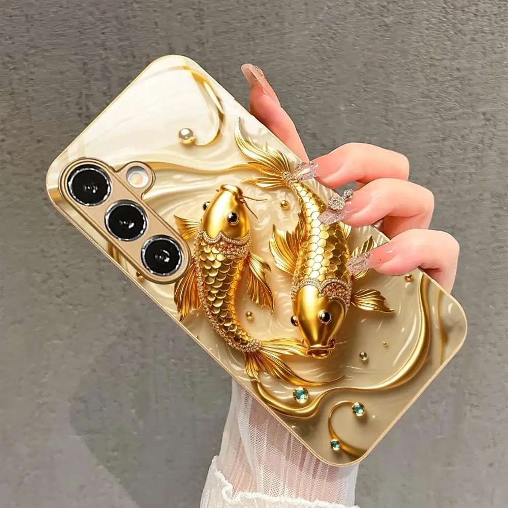Fashionable goldfish patterned glass phone case suitable for Samsung Galaxy S26 S25 S24 S23 S22 S20 FE/Ultra/Plus anti drop