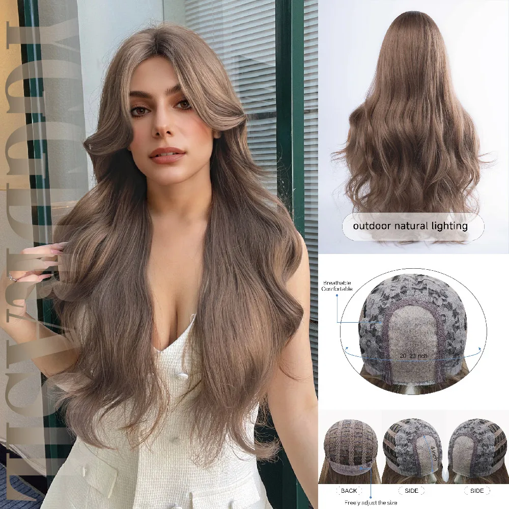 

28Inch Modern Style Caramel Honey Synthetic Lace Wigs Middle Part Long Wavy Lace Front Hair For Women Daily Use Heat Resistant