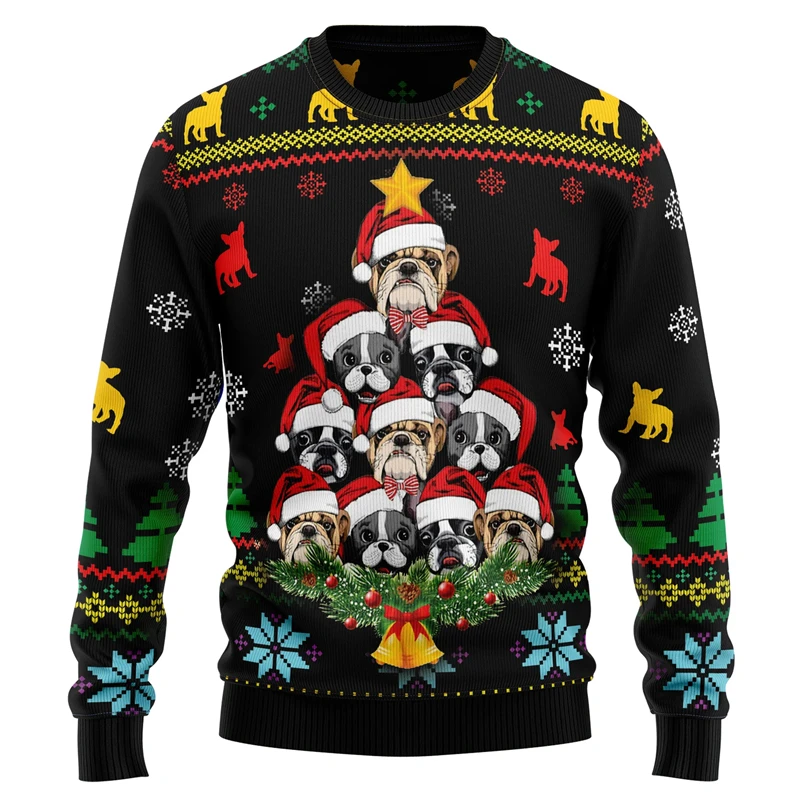 3D Print Merry Christmas Bulldog Pattern Vintage Retro Winter Ugly Sweater Men Women Harajuku Pullover Casual Funny Long Sleeves