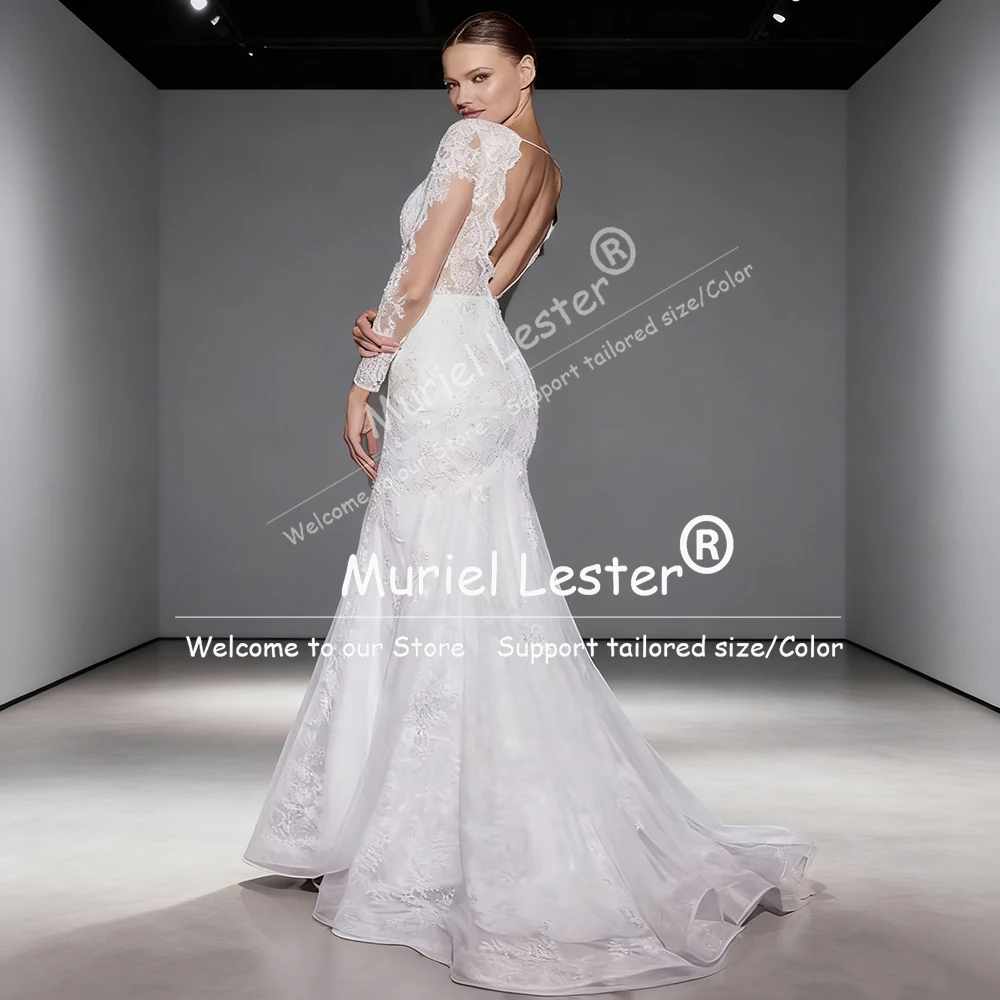럭셔리 레이스 아플리케 백리스 웨딩 드레스, 신부를 위한 일루젼 롱 슬리브 머메이드 브라이덜 가운, 맞춤형 여성 파티 의상