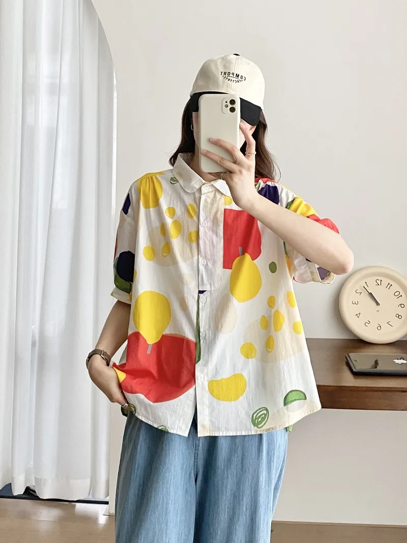 New Spring Cotton Loose Fashion Shirt Women Printed Short Sleeve Tops Girl Large Casual Blouses 2024 Summer T44612QM