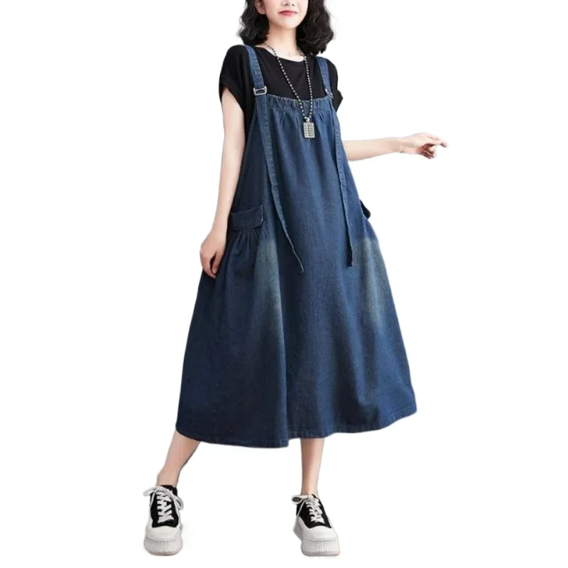 

2025 New Loose Summer Comfortable Women's Jeans Suspenders Dress Loose Large Size Meat in Long Skirt Suspenders Skirt Women