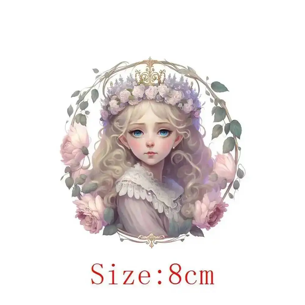 10cm Vintage Round Flower Girl Princess Iron On Heat Transfer Sticker For Clothes Pinted Vinyl Thermal Washable T-Shirt Decal