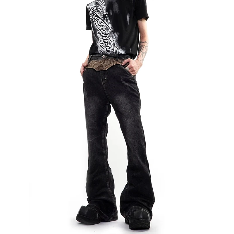 Retro American Embroidered Flared Jeans Men's Slim Fit Loose Straight A-Line Long Trousers Casual mid Waist Machine Embroidery 1