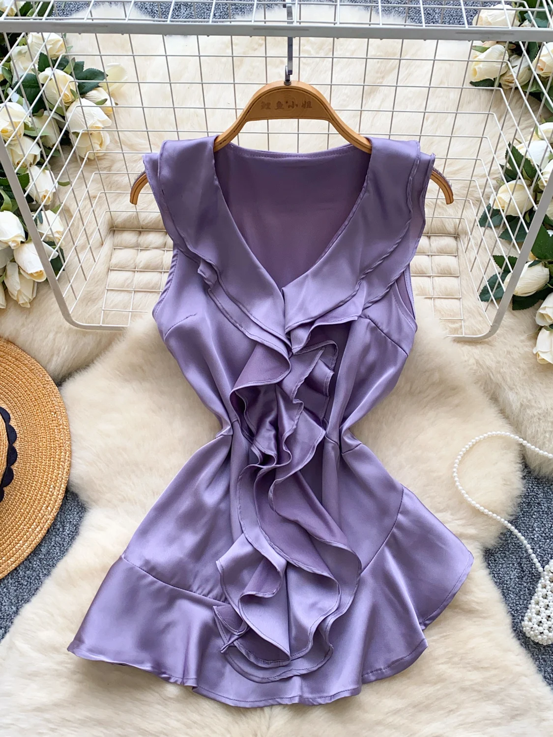 

Ele V-Ne Svel Silk irt Women's Summer Faionable Waist-Cinching Ruffle Design Korean Sle Loose Fit Top