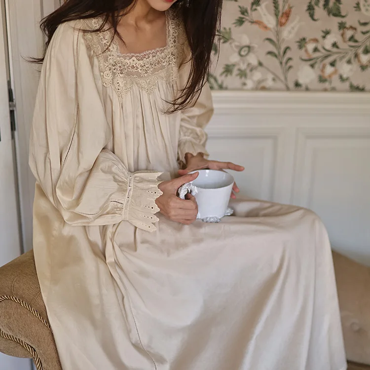 fairy princess style sweet lace square neck nightgown for girls long style women 100% cotton European classical retro nightgown