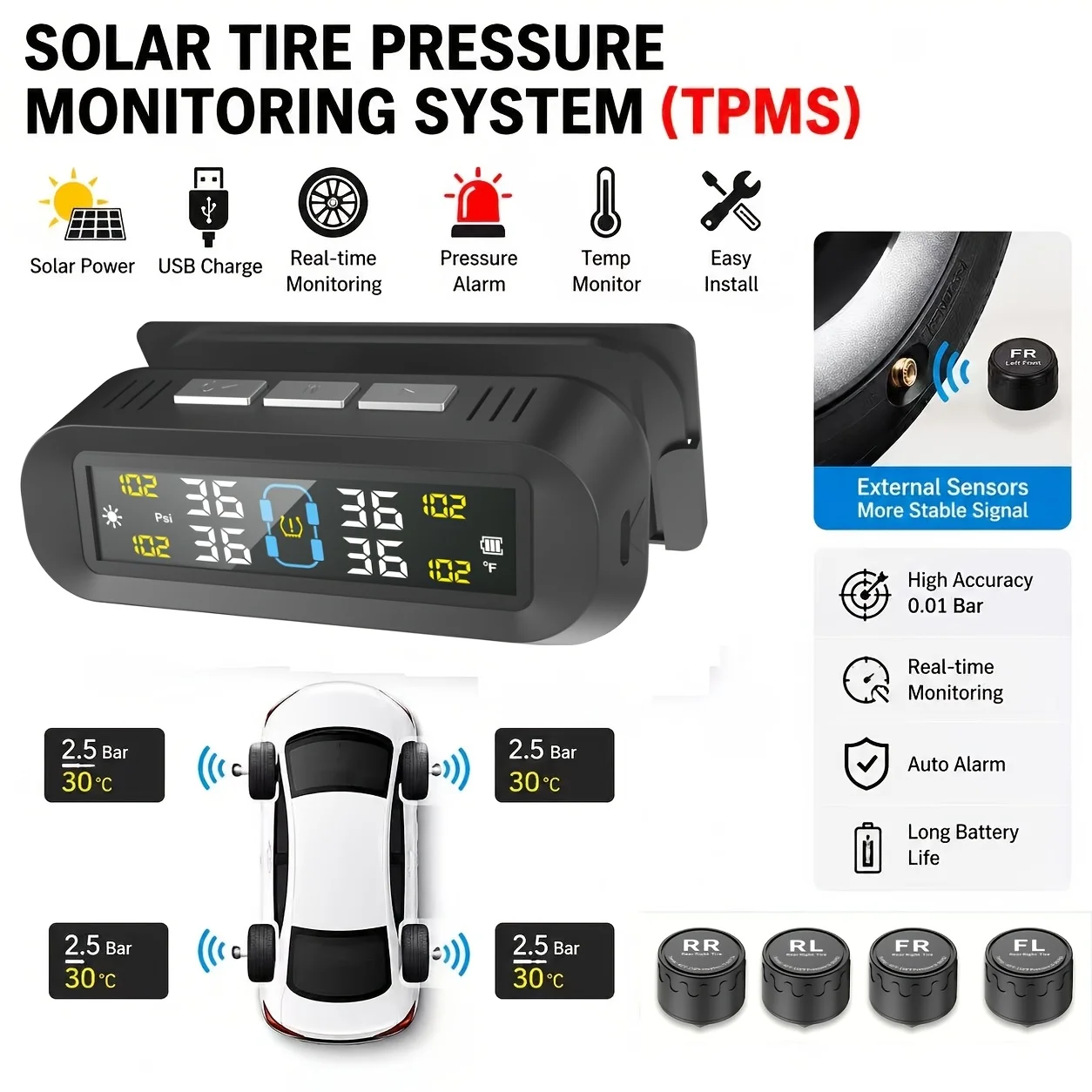 Tire Pressure Monitoring System TPMS Universal Wireless Solar Charger, Suitable for Intelligent Tire Monitoring of Cars, RVs,