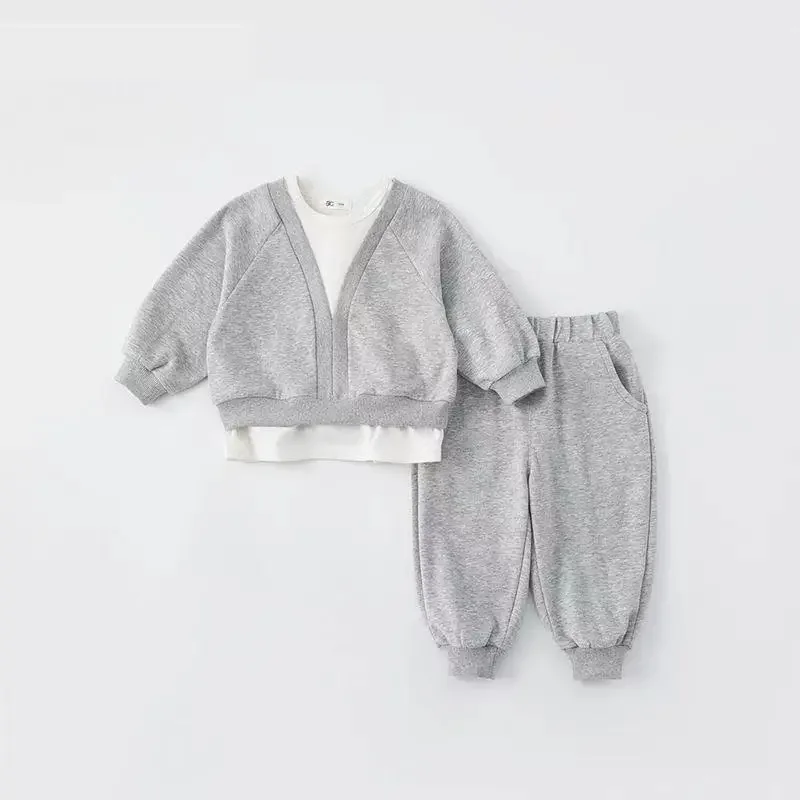 Top And Pants Spring 2023 New Autumn Girls Boy Clothes Suit Grey Blue Black Sweatshirts Trousers 2pcs Fashion Kids Clothing Set