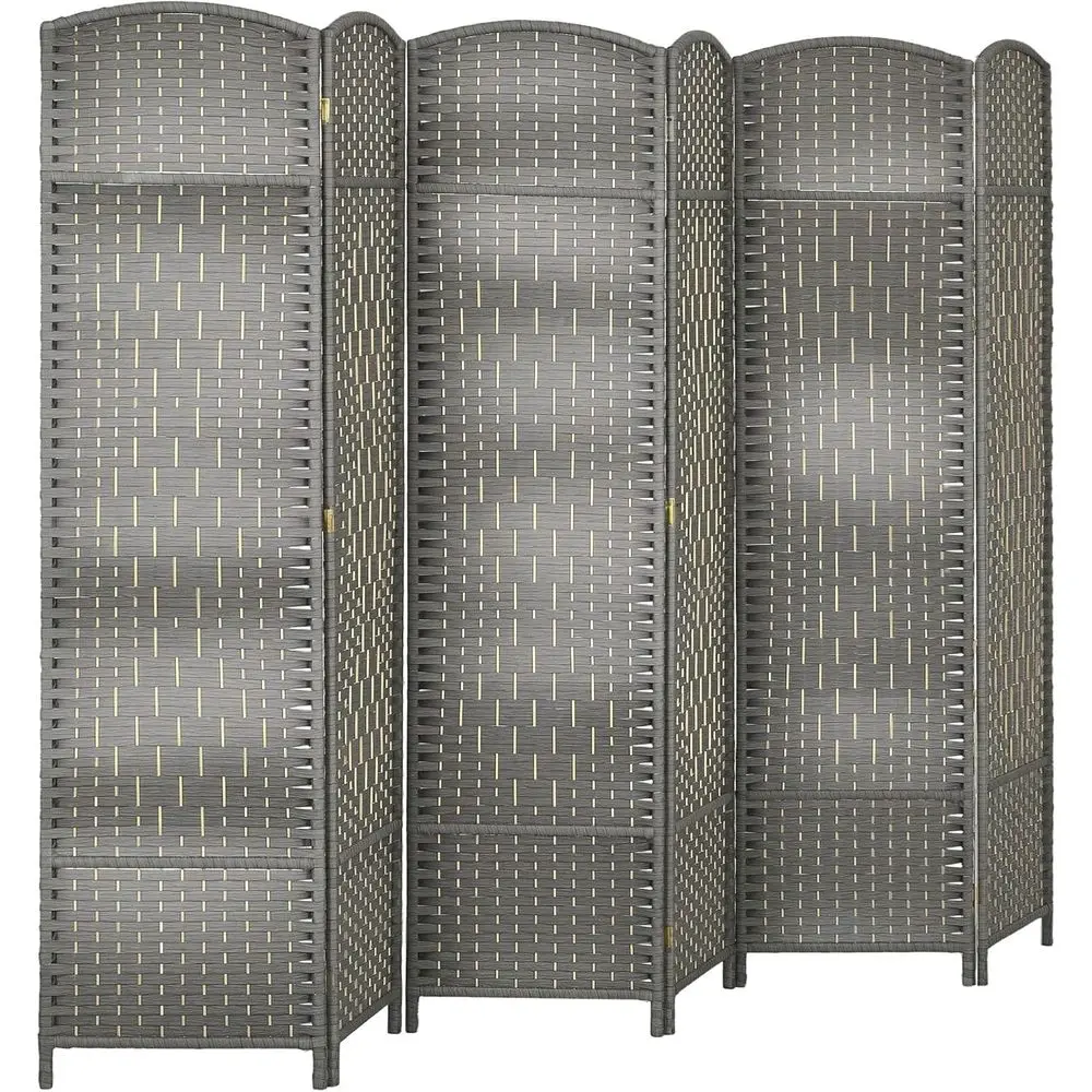 

6 Panel Hand-Woven PP Room Divider with Pine Wood, Freestanding Privacy Screen for Home or Office, Mixed Gray