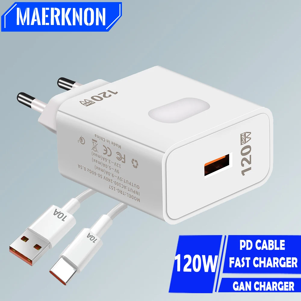 Ładowarka USB GaN 120 W Szybka ładowarka 3.0 Kabel do szybkiego ładowania typu C Ładowarka do telefonu komórkowego Adapter do ładowarki Xiaomi Samsung iPhone