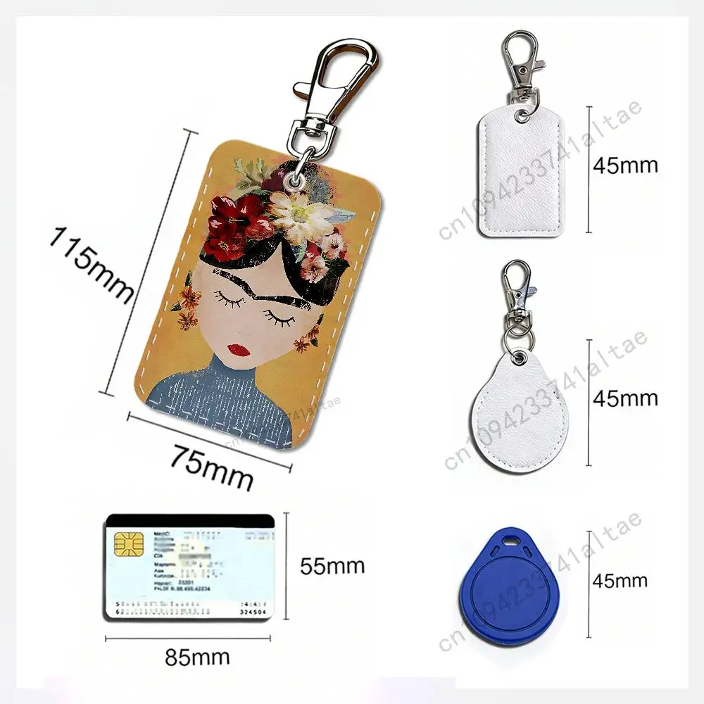 F-Frida K-Kahlos Artist Rectangle Card Case Leather Card Holder Keychain Key Ring Transportation Card Case