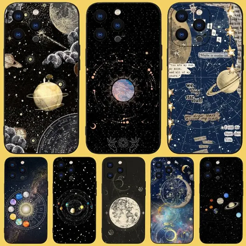 

Space Planet Stars Moon Phone Case For iPhone 15,14,13,12,11 Plus,Pro,Max,XR,XS,X,7,8 Plus,SE,Mini Black Silicone Soft