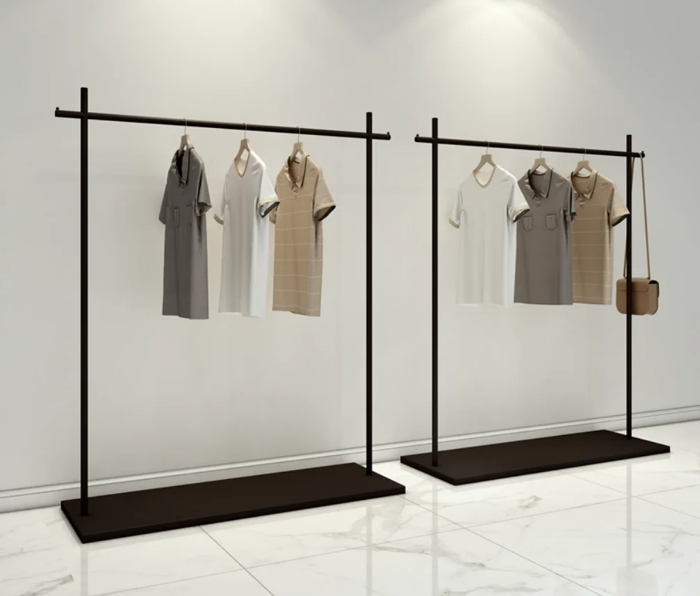 

High end clothing store floor standing hanging rack, simple modern display rack, island rack, matte black new style shelf