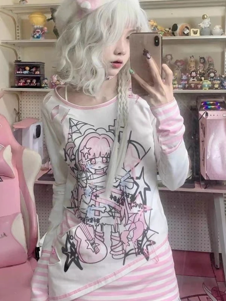 Deeptown Harajuku Kawaii мультфильм Графика футболки женские винтажные полосатые лоскутные футболки Y2K эстетические отверстия Топы японский Cutecore