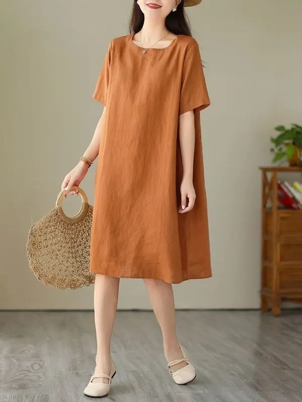 Cool Cotton Linen Short Sleeve Dress Loose Fit Midi Skirt round Neck Simple Color Summer Dress for plus Size Women