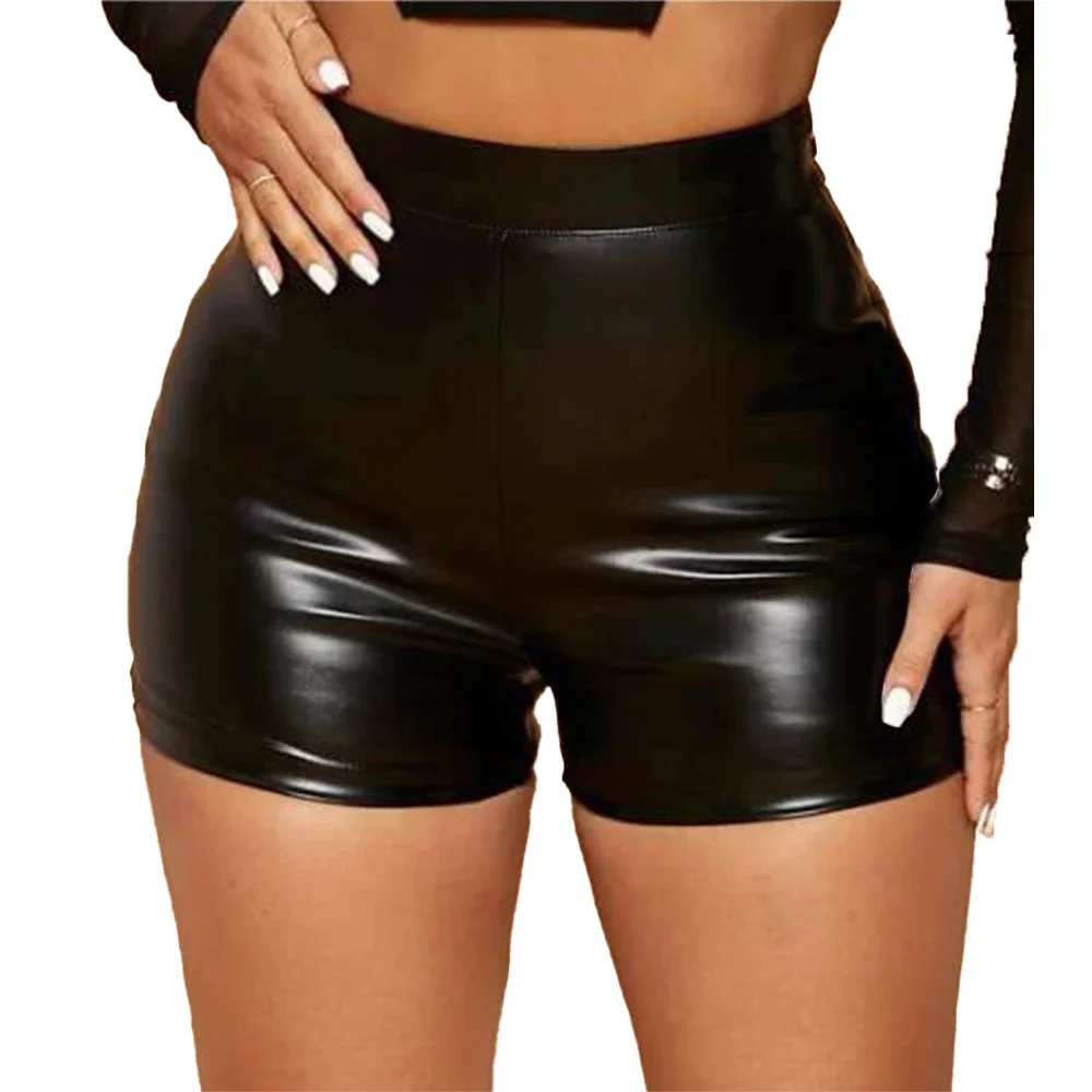 

Sexy Women Shiny Faux Leather Shorts Tight Black Pants Seductive Nightclub Party Wear High Waist Mini Shorts Costumes