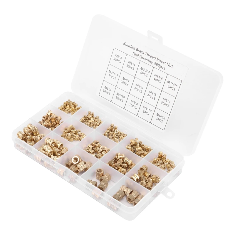 380Pcs Thread Inserts M2 M2.5 M3 M4 M5 M6 Metric Female Thread Brass Knurled Threaded Embedment Nuts Assortment Kit