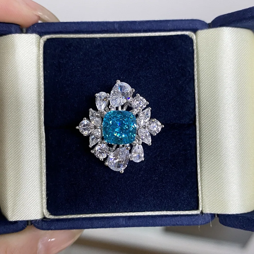 

S925 Sterling Silver Wreath Bud Ring Women's Aquamarine High Carbon Diamond Women's Luxury High-end Diamond Ring